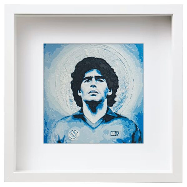 Dipinto 3D dedicato a Diego Armando Maradona, realizzato con dettagli tridimensionali.