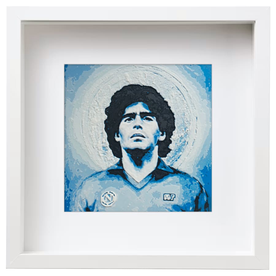 Dipinto 3D dedicato a Diego Armando Maradona, realizzato con dettagli tridimensionali.